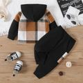 2pcs Baby Boy Plaid Spliced Black Long-sleeve Button Front Hoodie and Sweatpants Set BrownishBlack image 2
