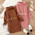 Kid Girl Solid Color Turtleneck Belted Longline Thick Knit Sweater Brown image 2