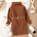 Kid Girl Solid Color Turtleneck Belted Longline Thick Knit Sweater Brown image 1