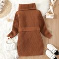Kid Girl Solid Color Turtleneck Belted Longline Thick Knit Sweater Brown image 3