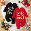 New Year Baby Boy/Girl Letter & Number Print Long-sleeve Ribbed Jumpsuit Red-2 image 2