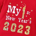 New Year Baby Boy/Girl Letter & Number Print Long-sleeve Ribbed Jumpsuit Red-2 image 5