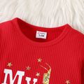 New Year Baby Boy/Girl Letter & Number Print Long-sleeve Ribbed Jumpsuit Red-2 image 4