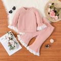 2pcs Baby Girl Pink Knitted Lace Bell Sleeve Top and Flared Pants Set Pink image 1