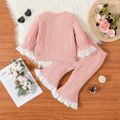 2pcs Baby Girl Pink Knitted Lace Bell Sleeve Top and Flared Pants Set Pink image 2