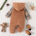 Baby Boy Plaid Long-sleeve Spliced Thermal Fuzzy Hooded Jumpsuit Apricot image 2