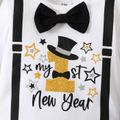New Year 3pcs Baby Boy 95% Cotton Long-sleeve Bow Tie Decor Graphic Romper and Chevron Striped Pants with Hat Set BlackandWhite image 3
