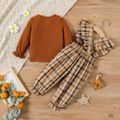 2pcs Baby Girl 100% Cotton Plaid Ruffle Trim Suspender Pants and Brown Ribbed Long-sleeve Top Set Brown image 3