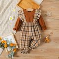 2pcs Baby Girl 100% Cotton Plaid Ruffle Trim Suspender Pants and Brown Ribbed Long-sleeve Top Set Brown image 1