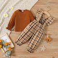 2pcs Baby Girl 100% Cotton Plaid Ruffle Trim Suspender Pants and Brown Ribbed Long-sleeve Top Set Brown image 2