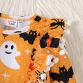 Halloween Baby Girl Allover Print Pom Poms Ruffle Trim Long-sleeve Jumpsuit Orange
