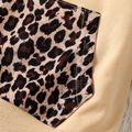 Kid Girl Leopard Print Colorblock Pocket Design Pullover Sweatshirt LightKhaki
