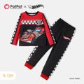Hot Wheels 2pcs Kid Boy Colorblock Vehicle Print Long-sleeve Tee and Elasticized Pants Set Red image 1