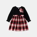 Christmas Sibling Matching Solid Knitted Long-sleeve Spliced Red Plaid Bow Front Dresses ColorBlock image 2
