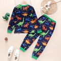 2pcs Kid Boy Dinosaur Print Colorblock Long-sleeve Tee and Pants Pajamas Sleepwear Set Dark Blue image 2