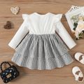 Baby Girl Ribbed Ruffle Long-sleeve Spliced Gingham Bow Front Layered Dress BlackandWhite image 2