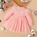 Baby Girl Bow Front Pink Ribbed Mock Neck Puff-sleeve Mesh Dress Pink image 2