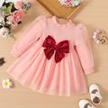 Baby Girl Bow Front Pink Ribbed Mock Neck Puff-sleeve Mesh Dress Pink image 1