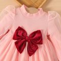 Baby Girl Bow Front Pink Ribbed Mock Neck Puff-sleeve Mesh Dress Pink image 3