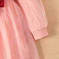 Baby Girl Bow Front Pink Ribbed Mock Neck Puff-sleeve Mesh Dress Pink image 4
