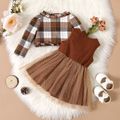 2pcs Baby Girl Brown Ribbed Spliced Dots Mesh Tank Dress and Plaid Ruffle Trim Long-sleeve Cardigan Set Brown image 3