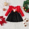 Christmas Baby Girl Reindeer & Letter Print Ribbed Long-sleeve Ruffle Bow Spliced Dress redblack image 1