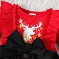 Christmas Baby Girl Reindeer & Letter Print Ribbed Long-sleeve Ruffle Bow Spliced Dress redblack image 3