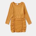 Mommy and Me 95% Cotton Rib Knit Long-sleeve Drawstring Ruched Bodycon Dress Yellow image 3