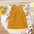 2pcs Baby Girl Allover Floral Print Ruffle Long-sleeve Top and Solid Corduroy Overall Dress Set yellowwhite image 3