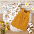 2pcs Baby Girl Allover Floral Print Ruffle Long-sleeve Top and Solid Corduroy Overall Dress Set yellowwhite image 1