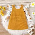 2pcs Baby Girl Allover Floral Print Ruffle Long-sleeve Top and Solid Corduroy Overall Dress Set yellowwhite image 2