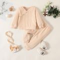 2pcs Baby Boy/Girl Button Front Solid Ribbed Long-sleeve Set Apricot image 1