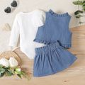 3-Pack Baby Girl Solid Rib Knit Long-sleeve Romper and Imitation Denim Frill Trim Vest with Skirt Set Blue image 2