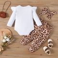 3pcs Baby Girl 95% Cotton Ruffle Long-sleeve Figure & Letter Print Romper and Leopard Pants with Headband Set Brown image 2