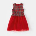 Christmas Family Matching Red Plaid Spliced Mesh Tank Dresses and Long-sleeve Shirts Sets Red image 4