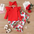 3pcs Baby Girl Red Ribbed Ruffle Long-sleeve Top and Allover Floral Print Flared Pants with Headband Set REDWHITE image 1
