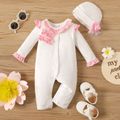 2pcs Baby Girl 95% Cotton Long-sleeve Layered Frill Trim Button Front Jumpsuit with Hat Set White image 1