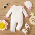2pcs Baby Girl 95% Cotton Long-sleeve Layered Frill Trim Button Front Jumpsuit with Hat Set White image 3