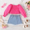 2pcs Baby Girl 95% Cotton Ripped Denim Skirt and Off Shoulder Long-sleeve Shirred Top Set Roseo image 2