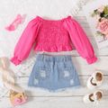 2pcs Baby Girl 95% Cotton Ripped Denim Skirt and Off Shoulder Long-sleeve Shirred Top Set Roseo image 1