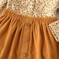 2pcs Toddler Girl Floral Print Lapel Collar Corduroy Shirt and Button Design Skirt Set Ginger-2 image 5