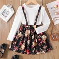 2pcs Kid Girl Ribbed Long-sleeve Tee and Floral Print Suspender Skirt Set White image 1