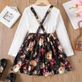 2pcs Kid Girl Ribbed Long-sleeve Tee and Floral Print Suspender Skirt Set White image 2