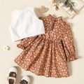 2pcs Toddler Girl Ruffle Collar Floral Print Long-sleeve Dress and Bowknot Design Vest Set Brown image 2