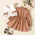 2pcs Toddler Girl Ruffle Collar Floral Print Long-sleeve Dress and Bowknot Design Vest Set Brown image 1