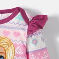 Barbie 3pcs Baby Girl Christmas Graphic Print Long-sleeve Romper and Solid Ruffle Trim Corduroy Suspender Skirt with Headband Set Purple image 2