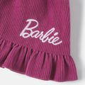 Barbie 3pcs Baby Girl Christmas Graphic Print Long-sleeve Romper and Solid Ruffle Trim Corduroy Suspender Skirt with Headband Set Purple image 4