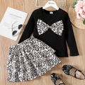 2pcs Kid Girl 3d Bowknot Design Long-sleeve Tee and Leopard Print Skirt Set Black image 1