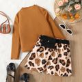 2pcs Kid Girl Ribbed Mock Neck Tee and Waist Design Leopard Print Skirt Set Brown image 1