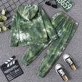 2pcs Kid Boy Letter Print Tie Dyed Hoodie Sweatshirt and Elasticized Pants Set Army green image 2